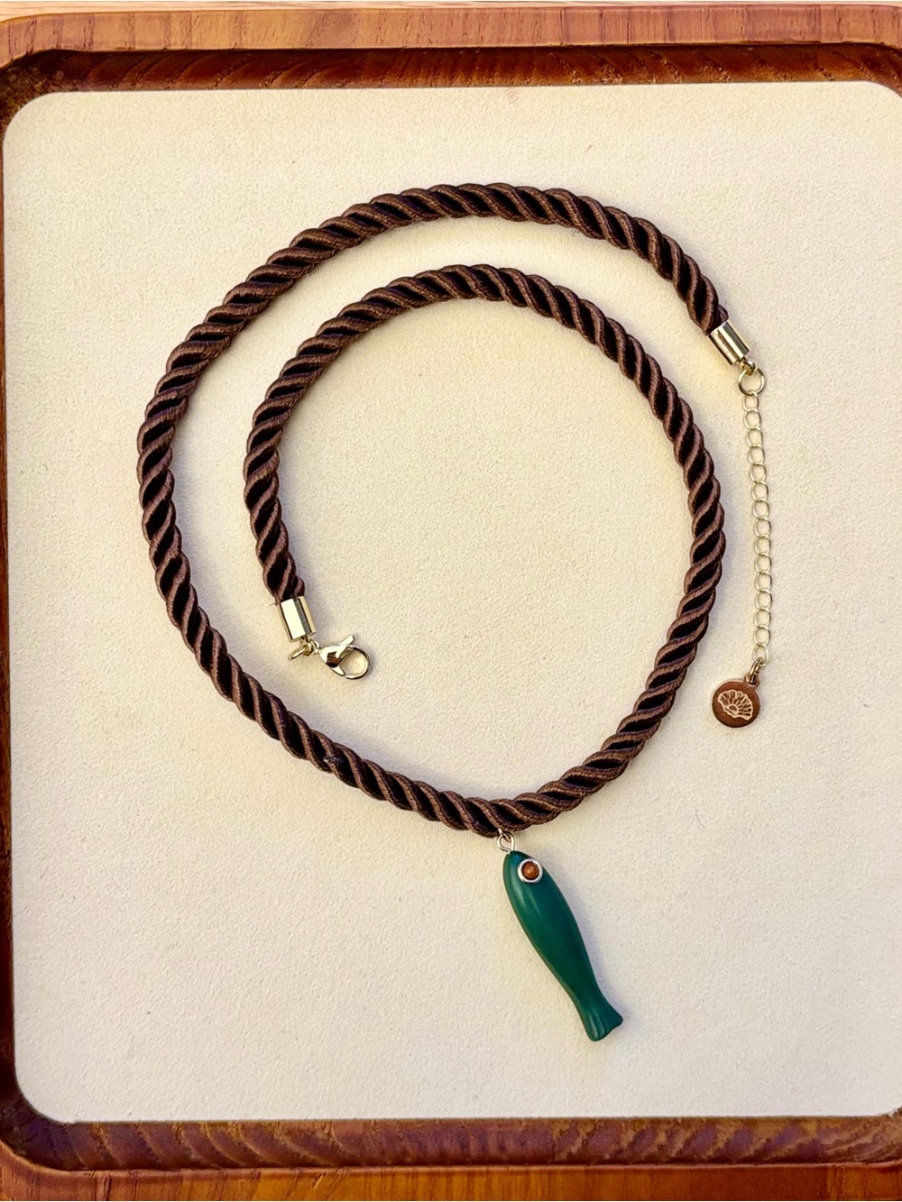 Brown Twisted Cord Necklace with Green Fish Pendant
